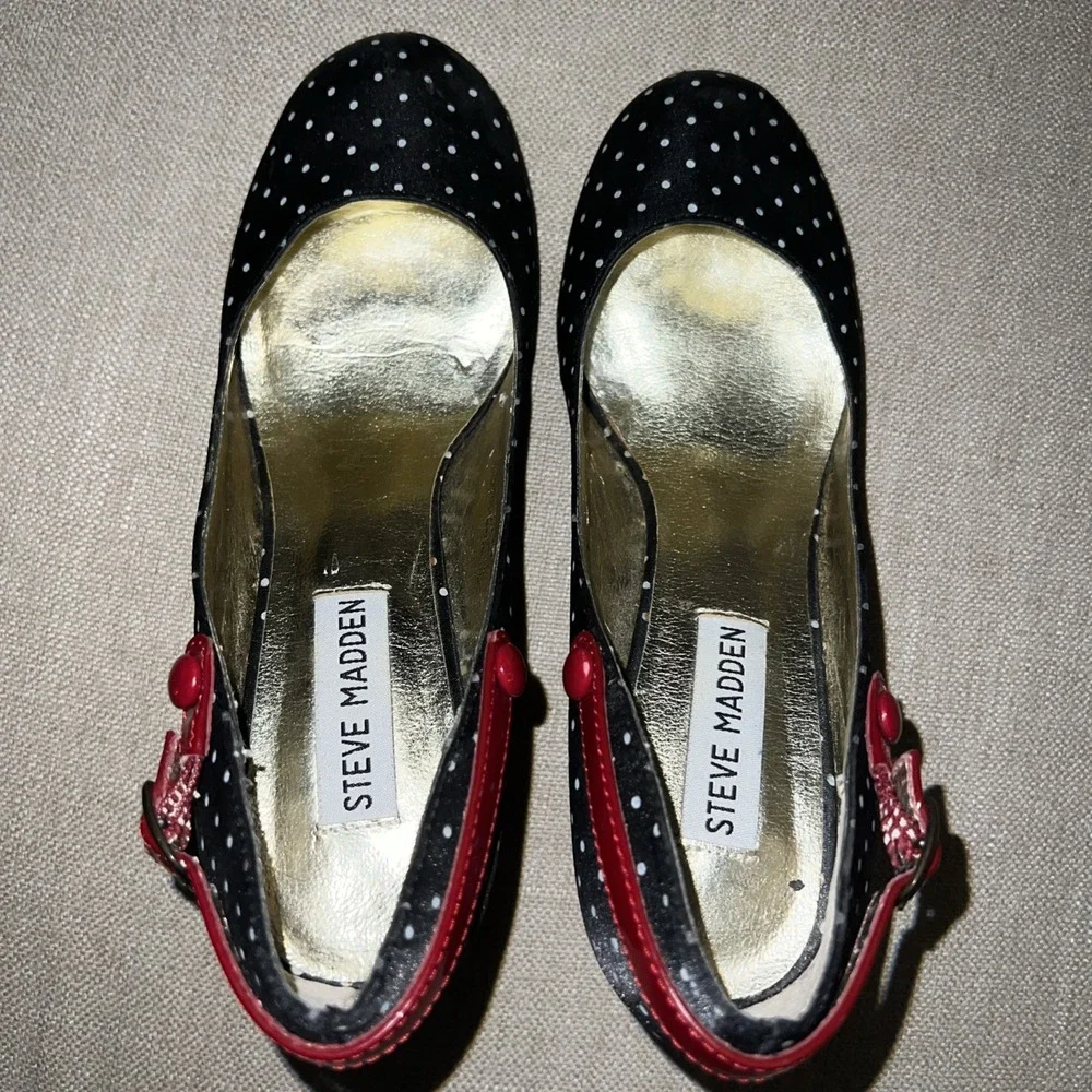 Retro Steve Madden Luvvy Black Polka Dot Heels Red Buckle Strappy 6M Rockabilly - Picture 4 of 11